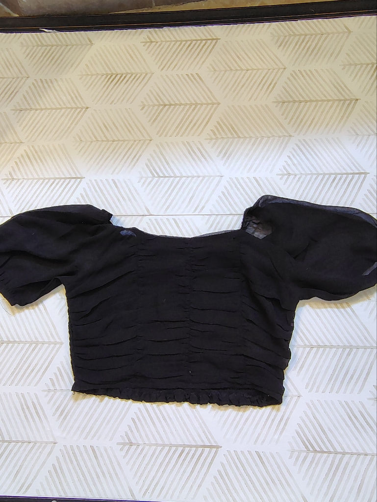 Altar'd State Black Ruched Cropped Blouse | Cottagecore Puff Sleeve Top S Euc